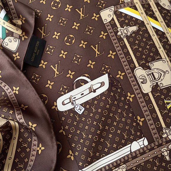 New Louis Vuitton Scarf Travel Trunks Monogram Brown Silk Wrap - Picture 9 of 14